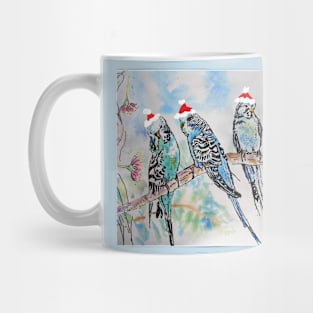 Christmas Budgies Budgerigars Sitting on A Branch Watercolor Painting Mug